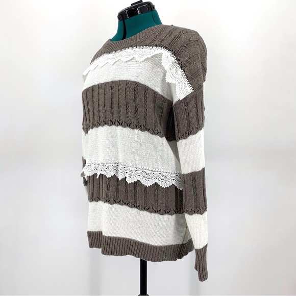 MISSLOOK Taupe and Cream Striped Long Sleeve Sweater with Lace Accents, Medium - Picture 5 of 15